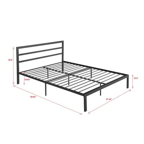 14 Inch Queen Size Black Metal Platform Bed with Spindle Headboard F2217