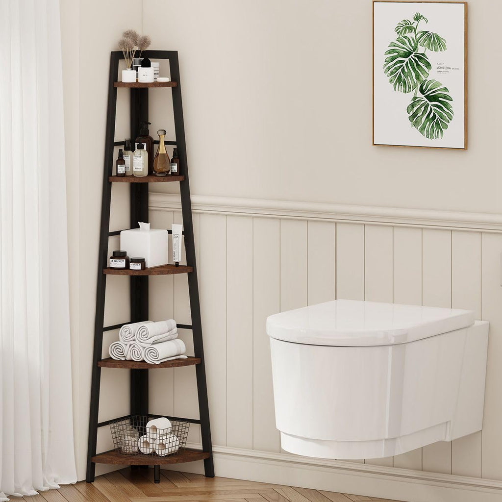5-Tier Black Metal Wood Corner Bookshelf M839
