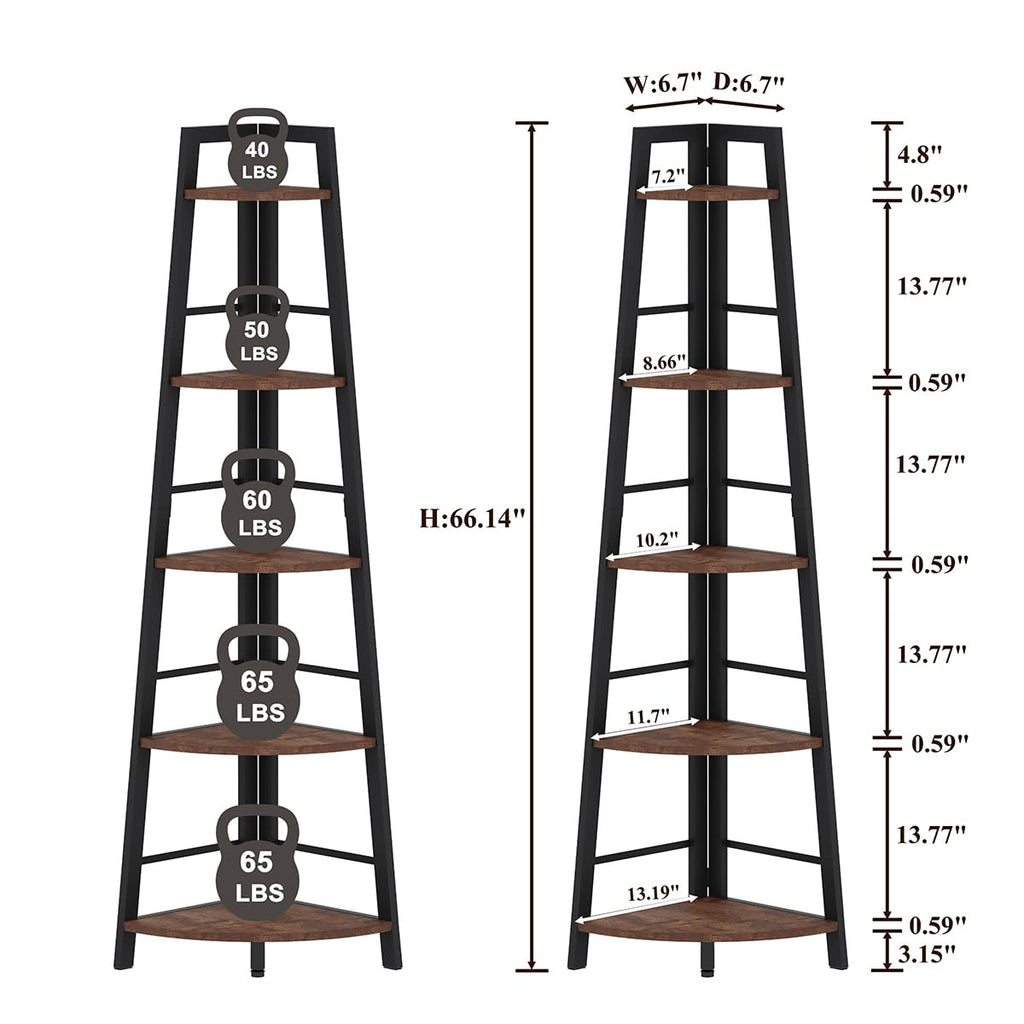 5-Tier Black Metal Wood Corner Bookshelf M839