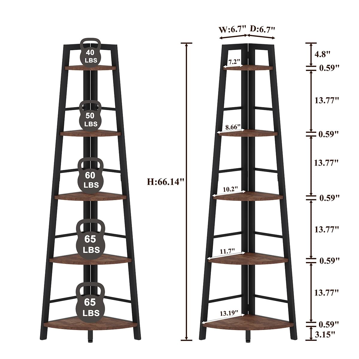 5-Tier Black Metal Wood Corner Bookshelf M839