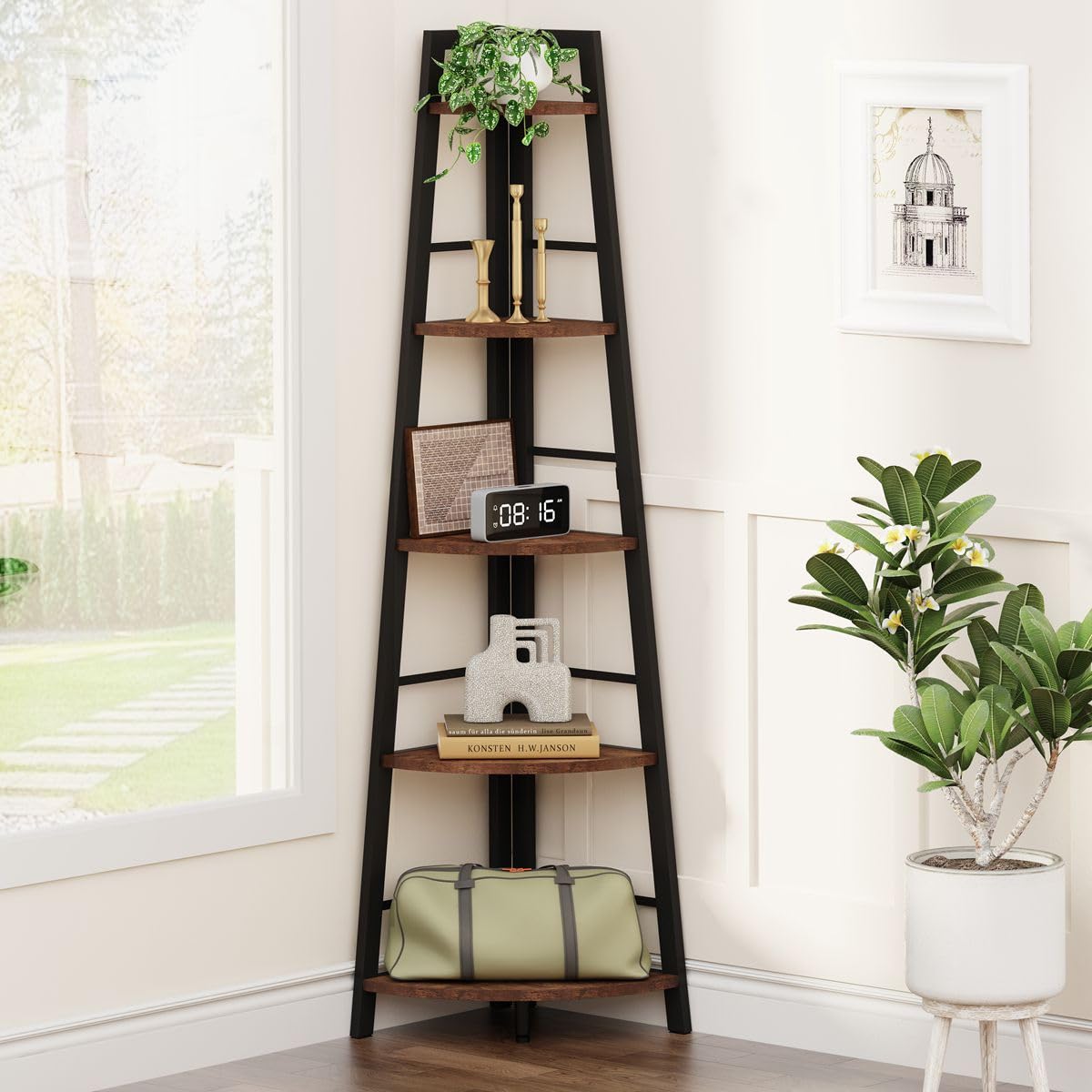 5-Tier Black Metal Wood Corner Bookshelf M839