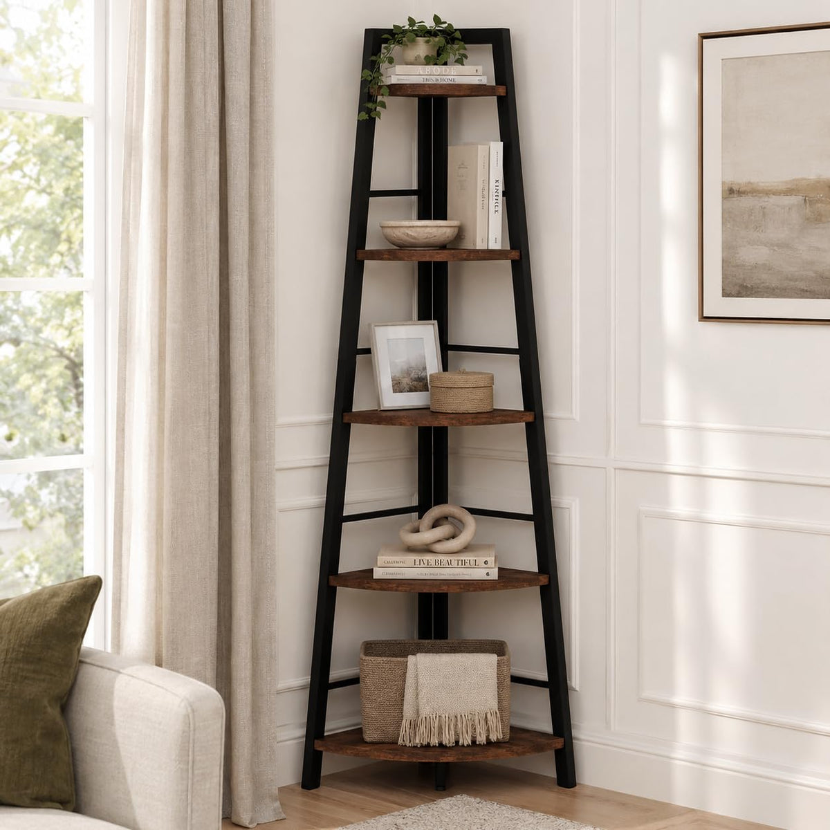 5-Tier Black Metal Wood Corner Bookshelf M839