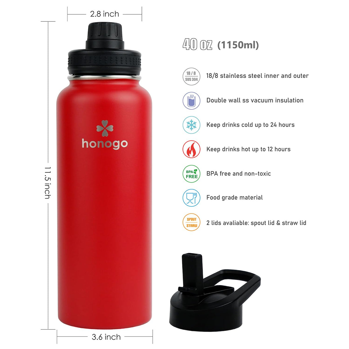 40 oz Double Wall Insulated Stainless Steel Water Bottle with Straw Lid U568657