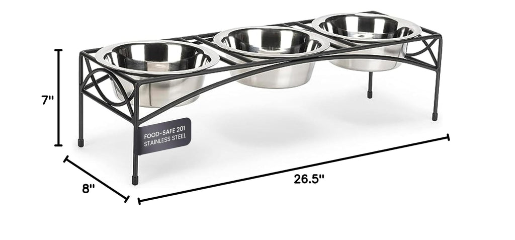 Black Triple Bowl Dog and Cat Feeder Stand with 3-2 Qt Stainless Bowls Z669