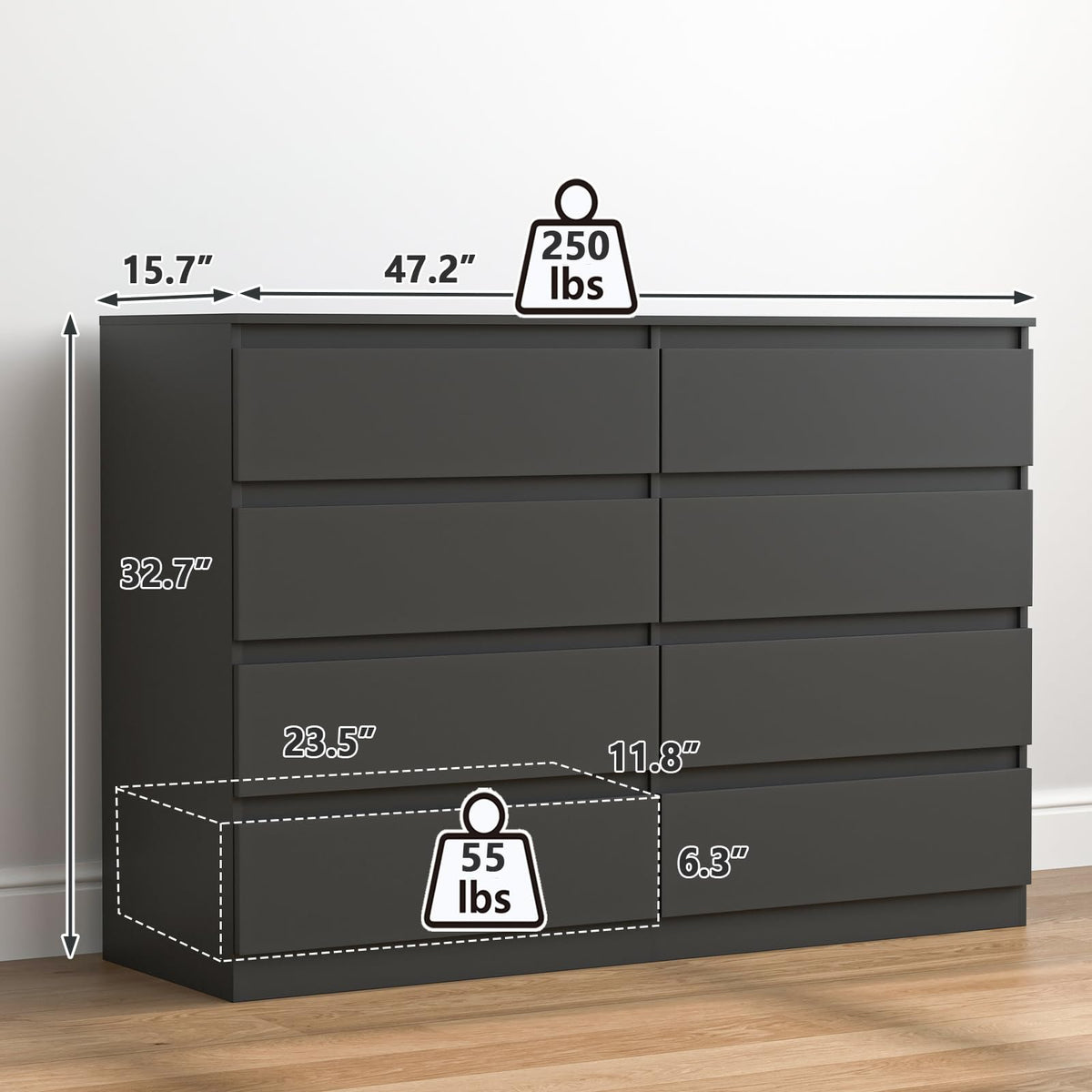 Black 8 Drawer Double Dresser B8491