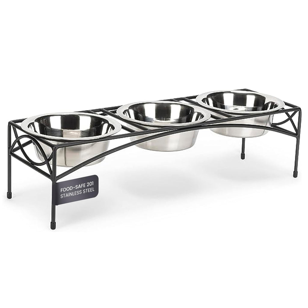 Black Triple Bowl Dog and Cat Feeder Stand with 3-2 Qt Stainless Bowls Z669