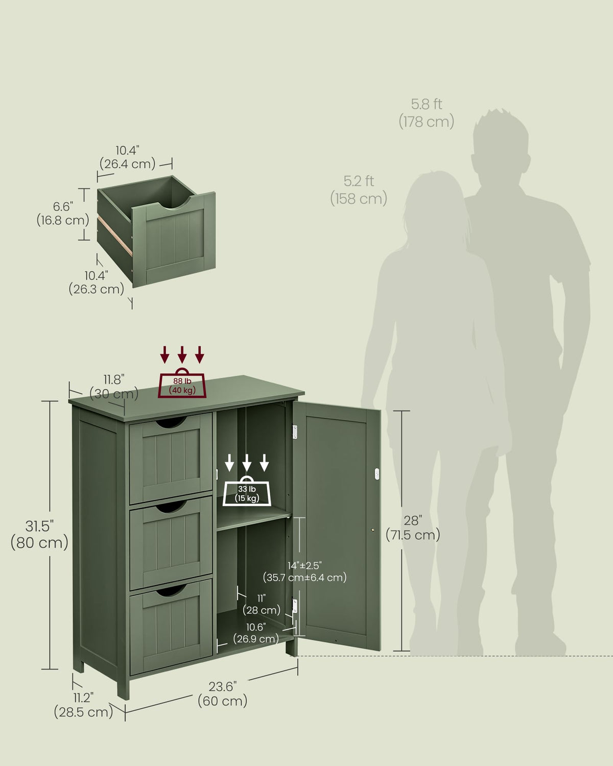 Forest Green 3 Drawer Bathroom Floor Storage Cabinet R38752