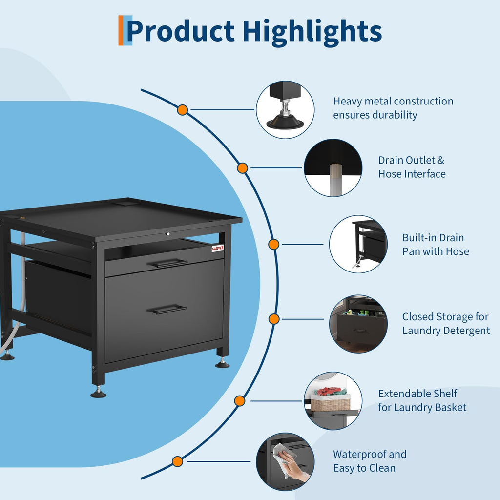29" Black Metal Washer and Dryer Pedestal with Drawer O604