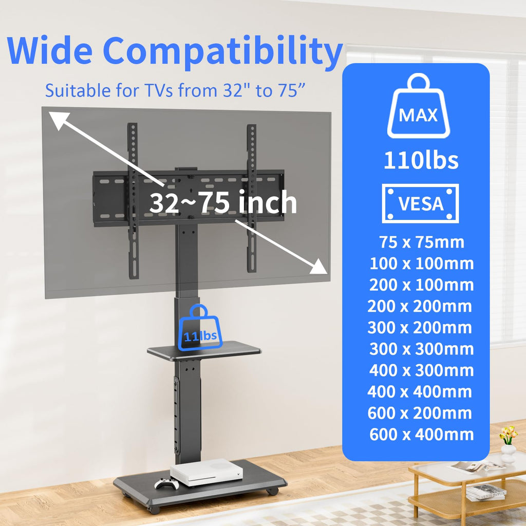 Height Adjustable Rolling TV Stand with Shelf V8216
