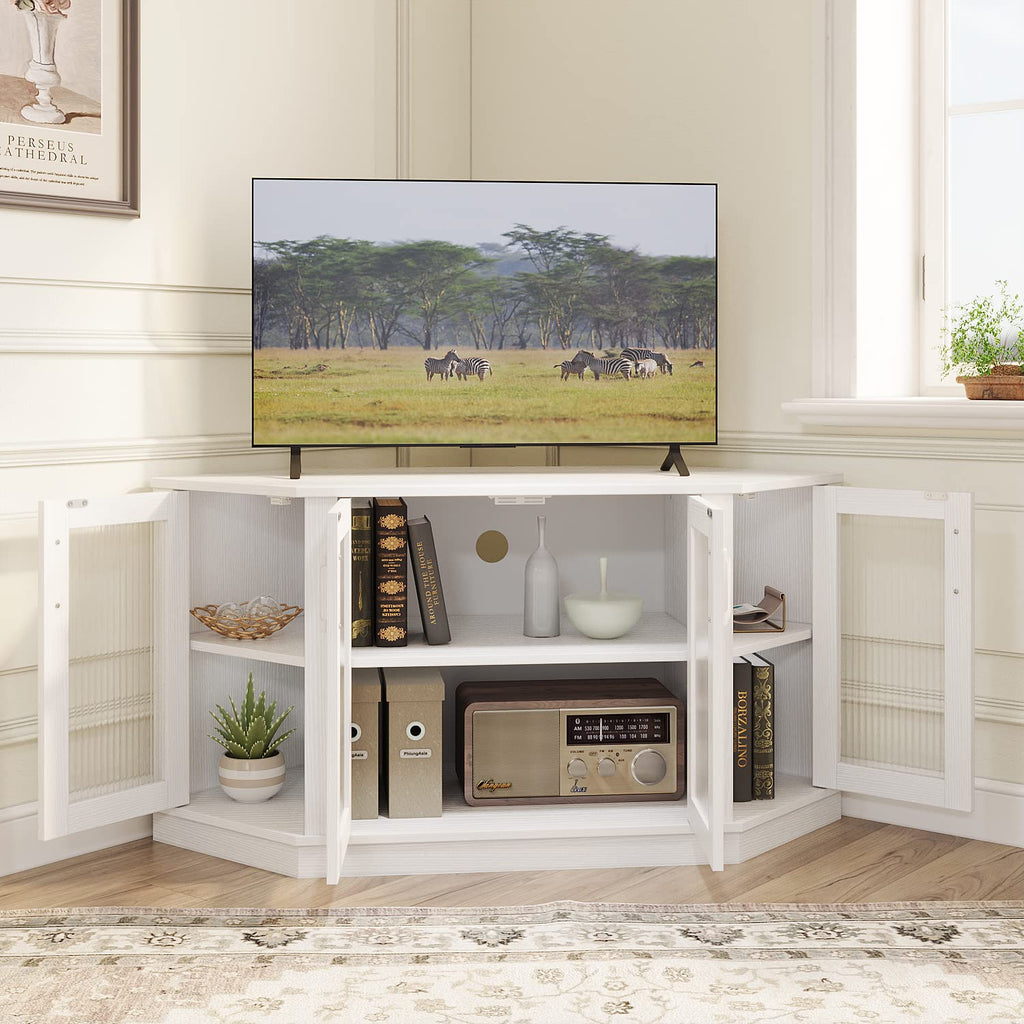 White 47 Inch Corner TV Stand with 4 Doors and Shelves O8835