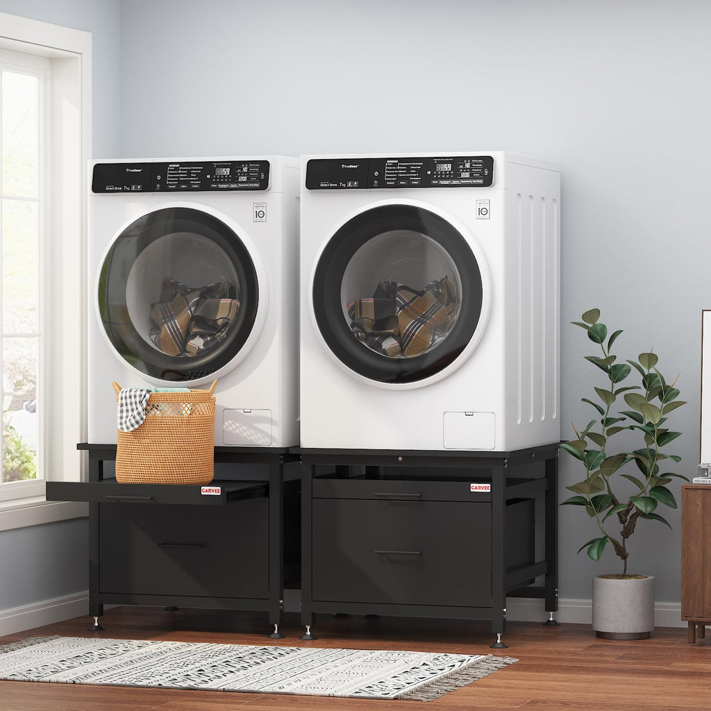 29" Black Metal Washer and Dryer Pedestal with Drawer O604