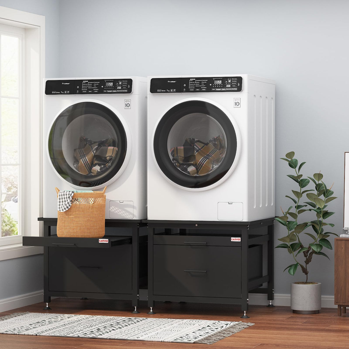 29" Black Metal Washer and Dryer Pedestal with Drawer O604