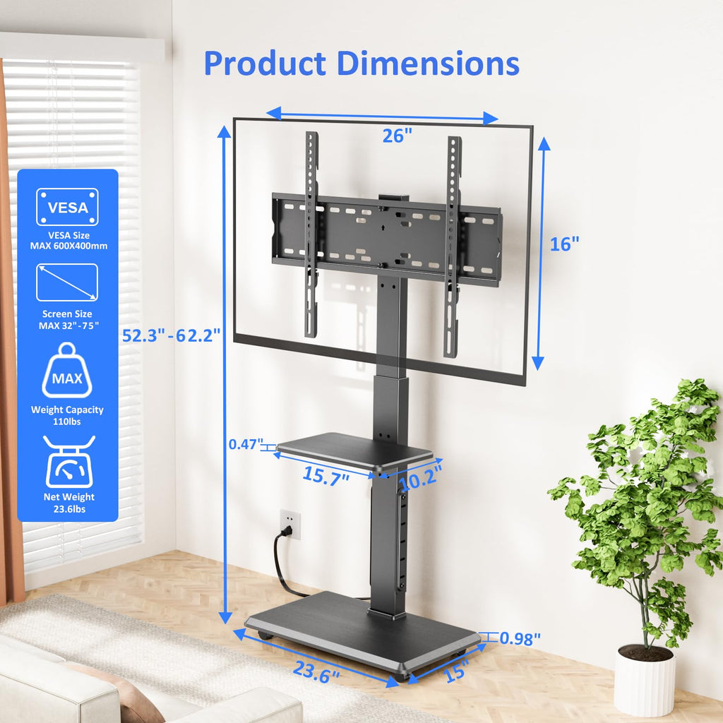 Height Adjustable Rolling TV Stand with Shelf V8216