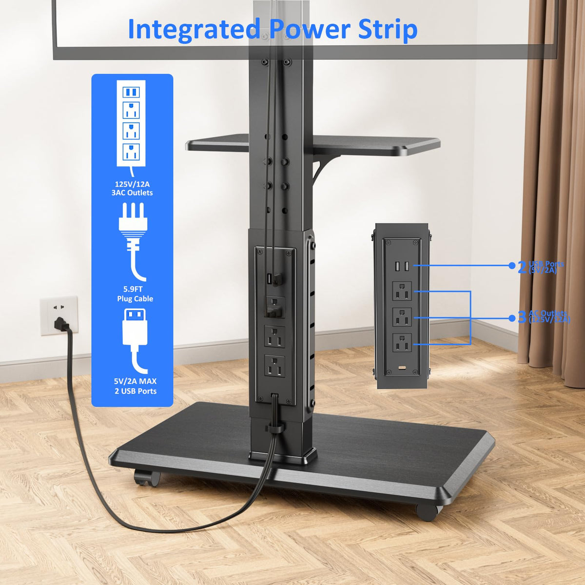Height Adjustable Rolling TV Stand with Shelf V8216