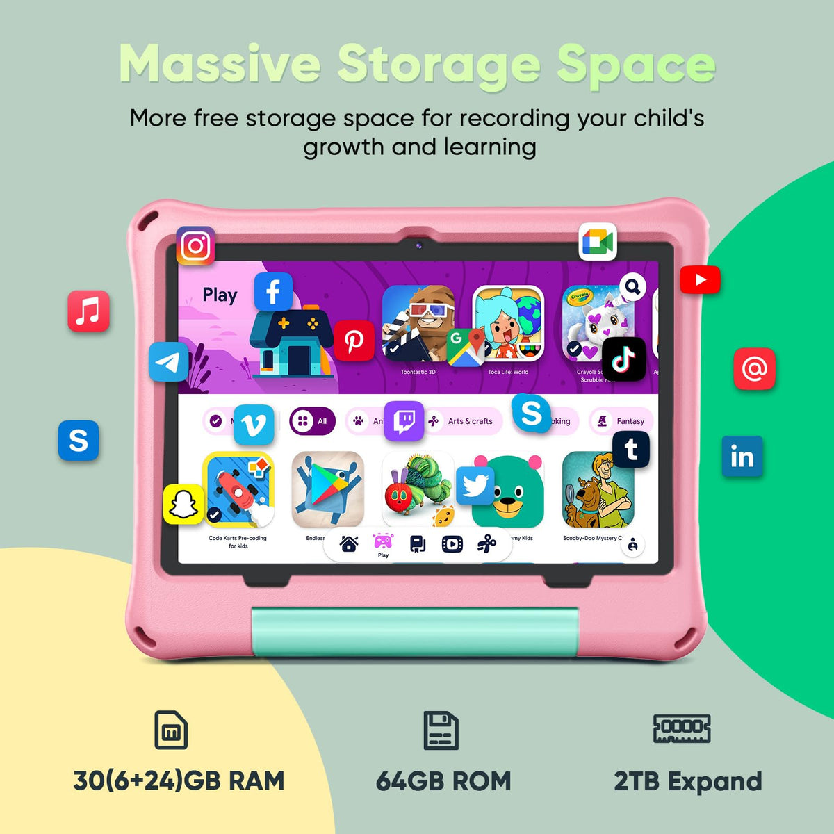 Kids Tablet 10 inch Octa-Core 30GB RAM 64GB ROM with Case Keyboard Mouse Stylus Pink A395621