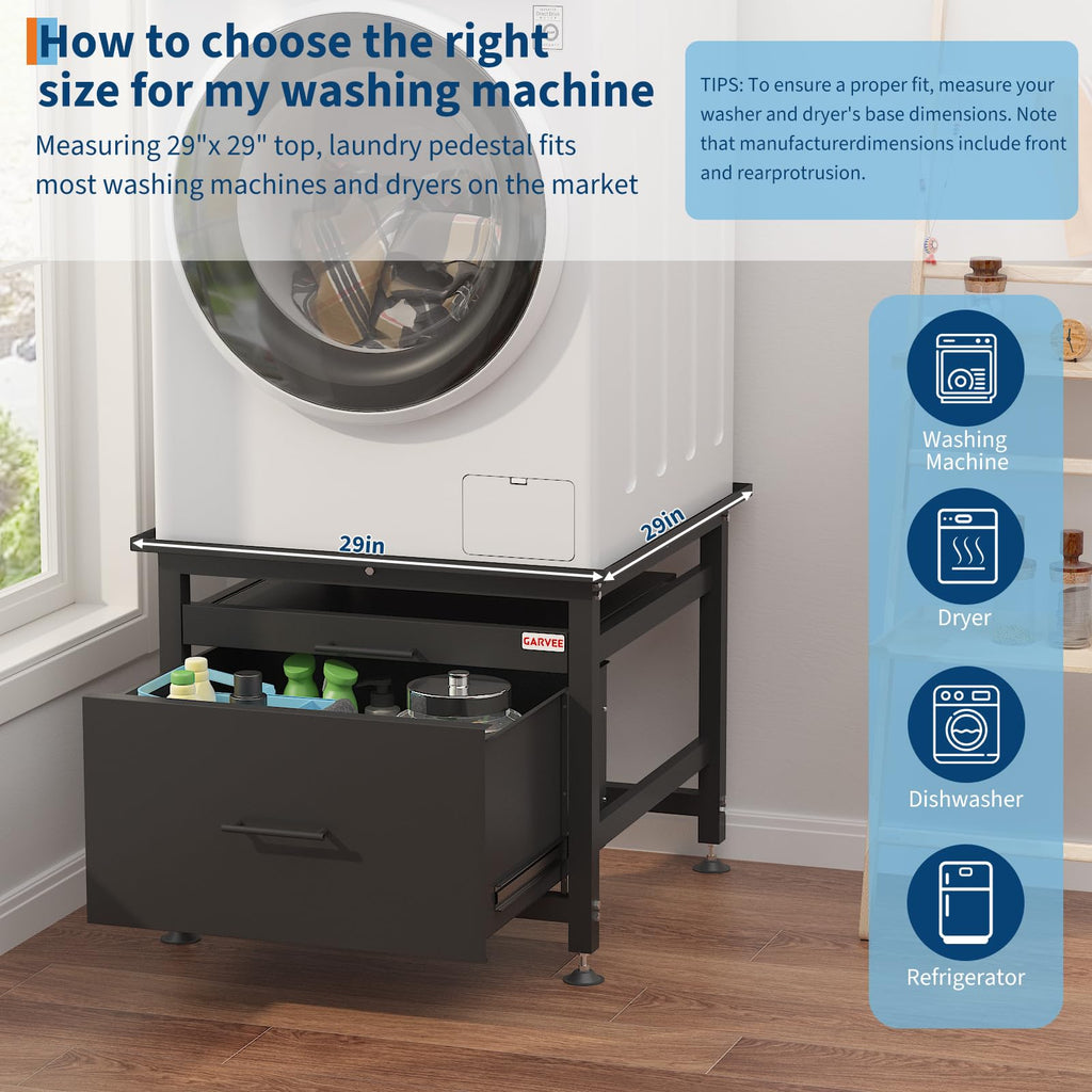 29" Black Metal Washer and Dryer Pedestal with Drawer O604