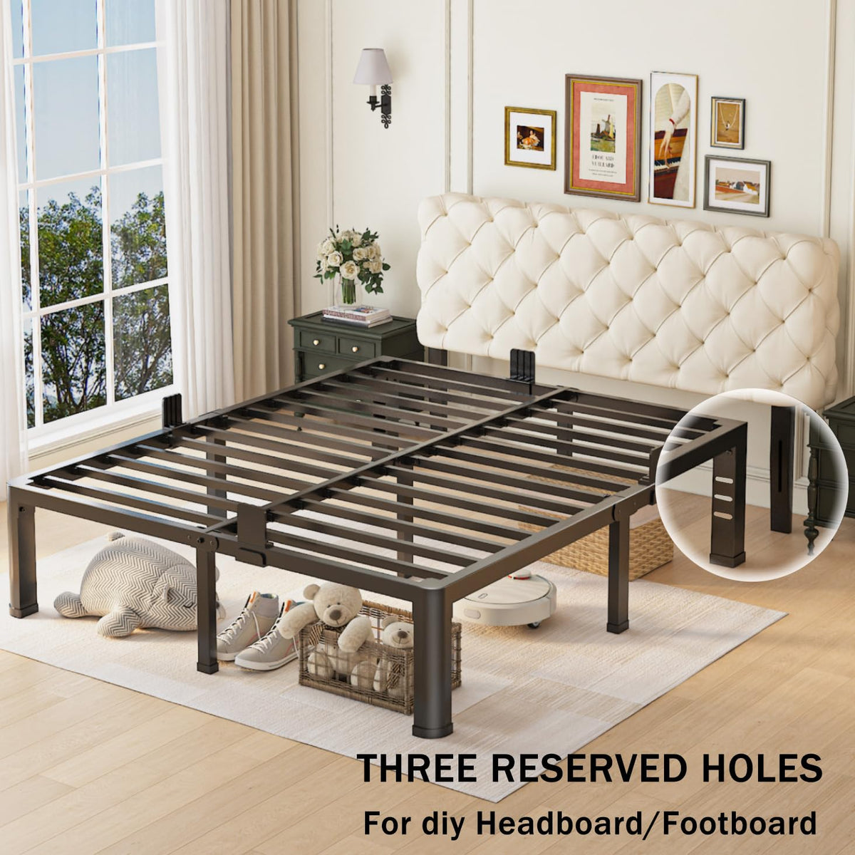 Queen Bed Frame with Headboard Hole and Steel Slats Support U20708