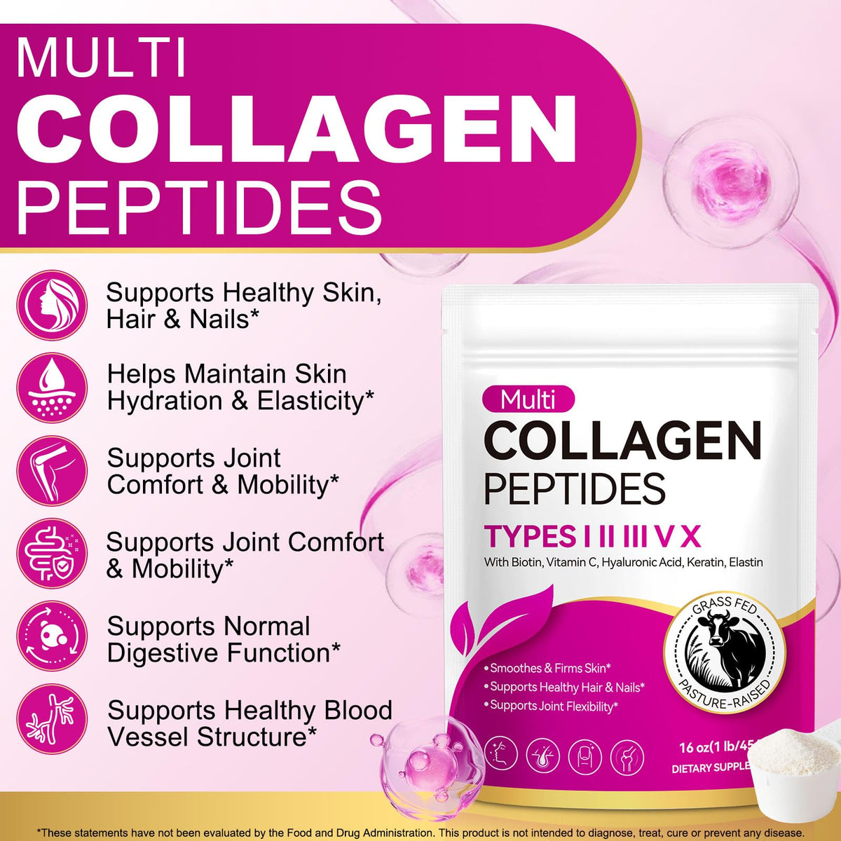 Unflavored Hydrolyzed Collagen Peptides Powder 16 OZ I90925