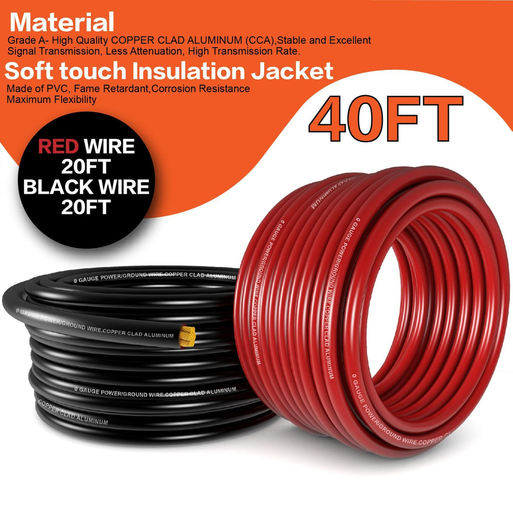1/0 Gauge Battery Cable Kit 40ft Red/Black CCA Wire W4273