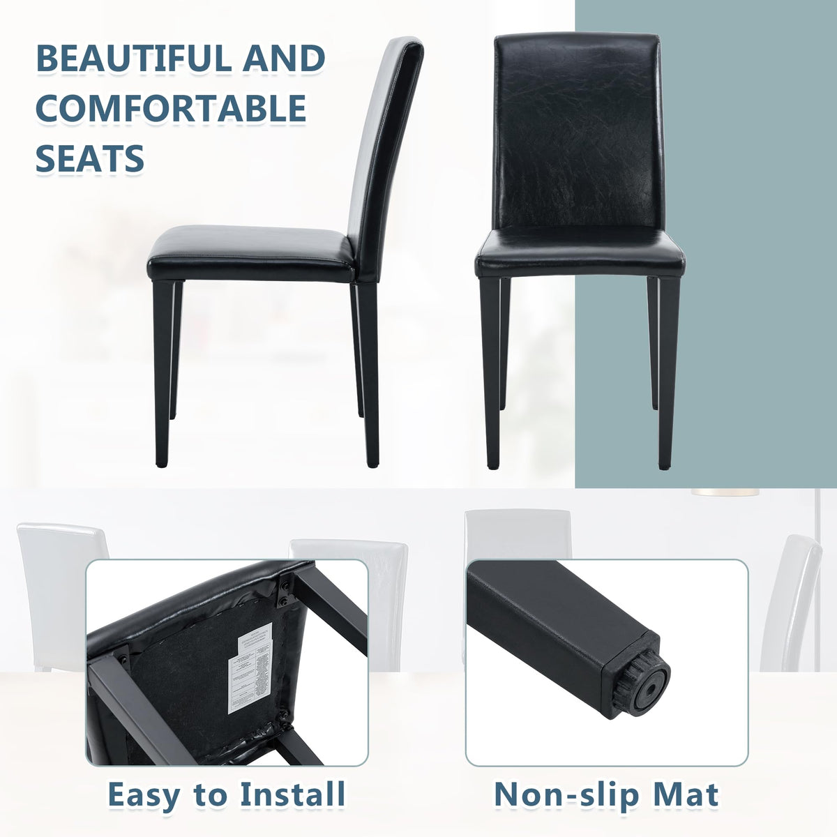 Black PU Leather Upholstered Dining Chairs Set of 2 with Metal Legs B36206