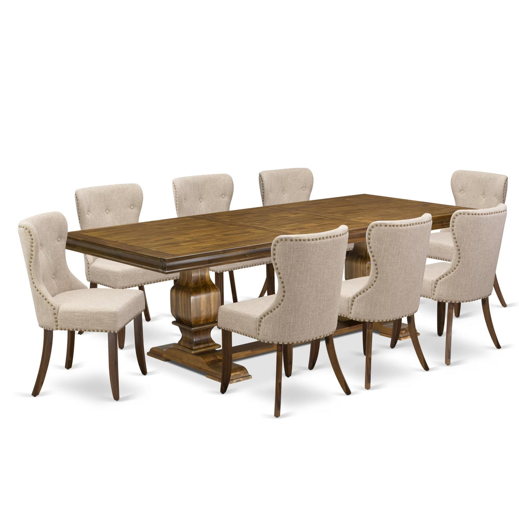 9 Pc Mid Century Dining Table Set with 8 Light Tan Linen Chairs K142