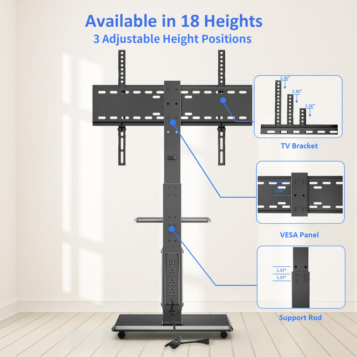 Height Adjustable Rolling TV Stand with Shelf V8216