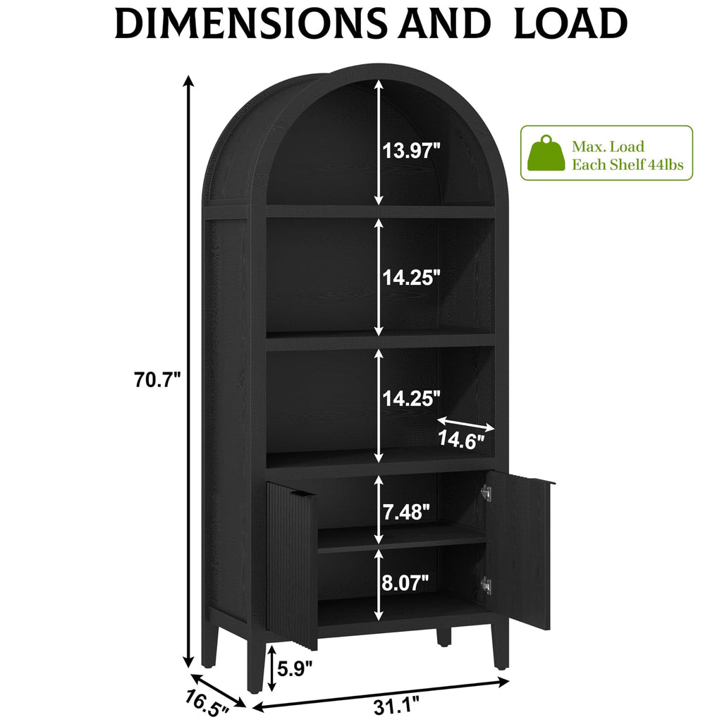 Black 5-Tier Arched Bookshelf with Fluted Doors Y73002