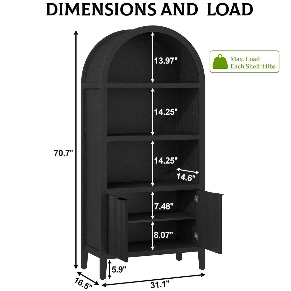 Black 5-Tier Arched Bookshelf with Fluted Doors Y73002