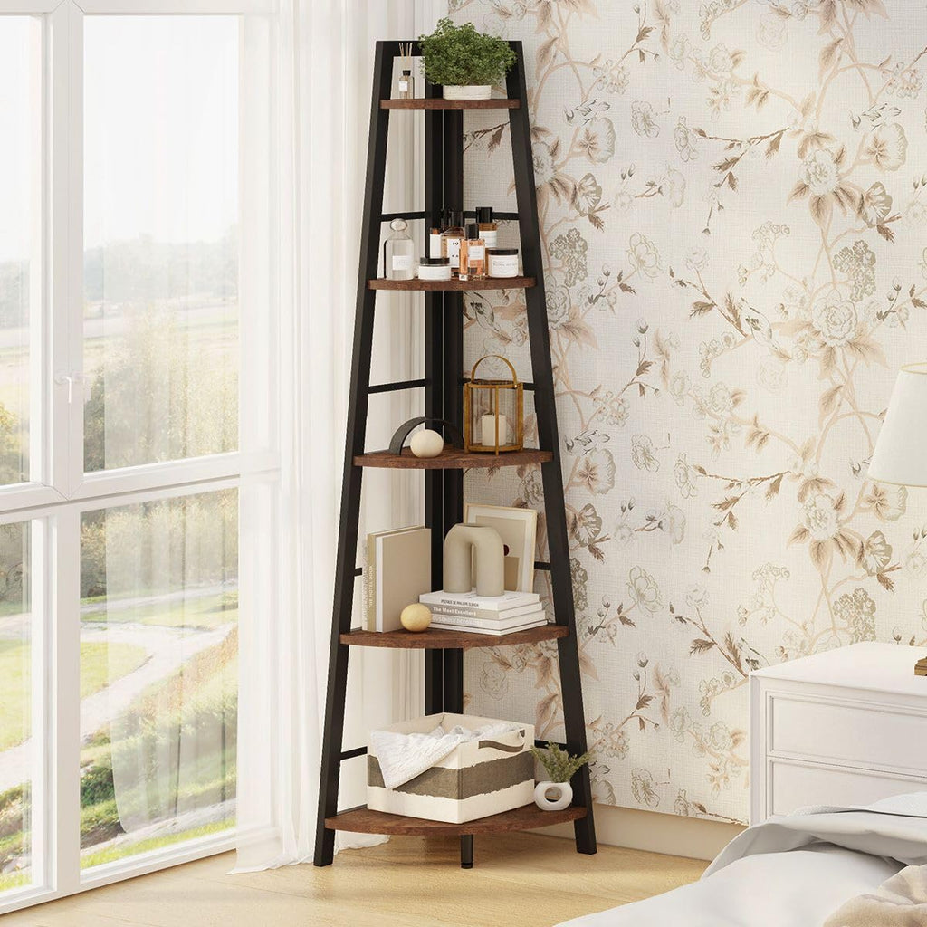 5-Tier Black Metal Wood Corner Bookshelf M839