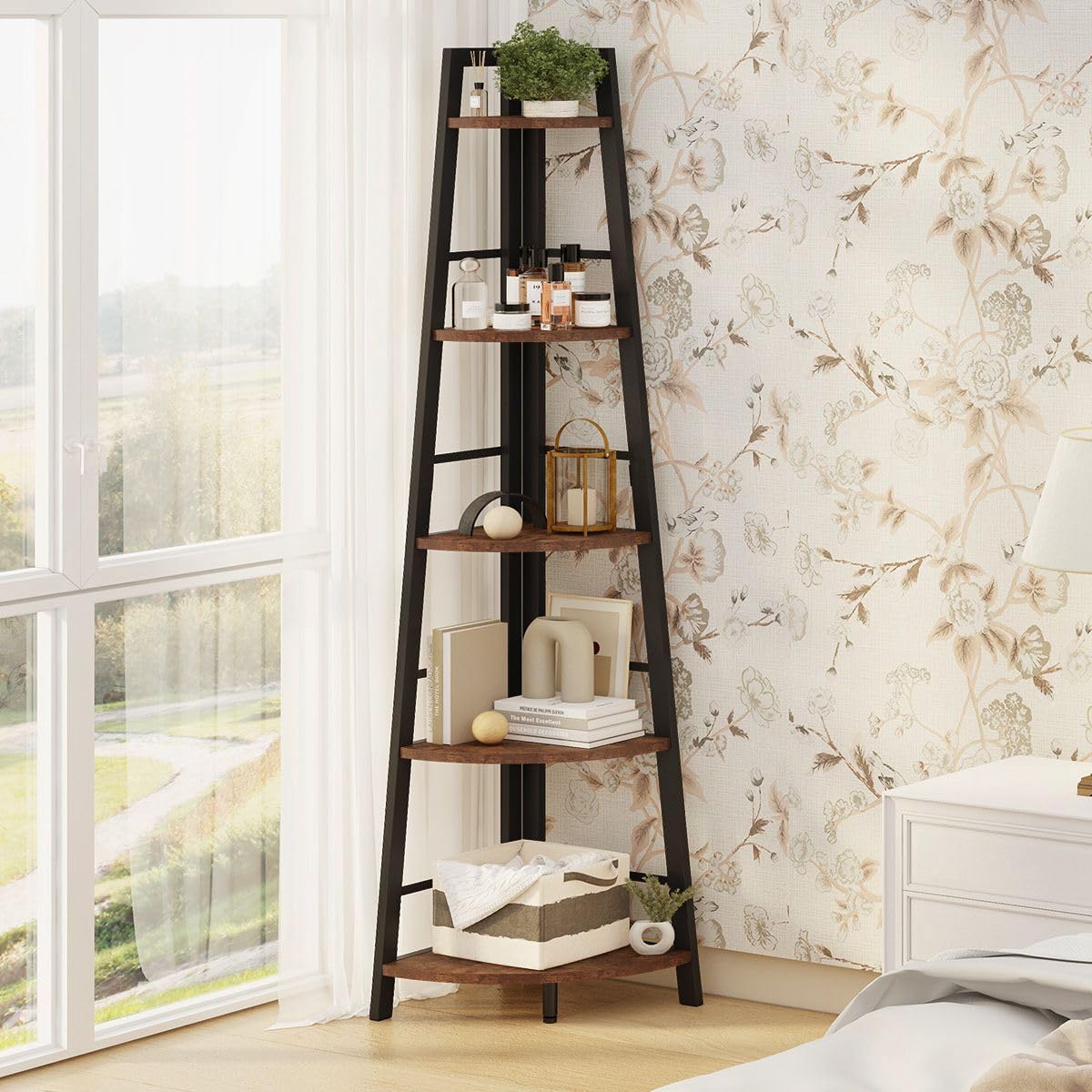 5-Tier Black Metal Wood Corner Bookshelf M839