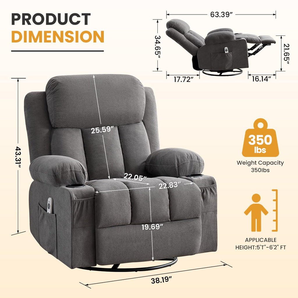 Swivel Rocker Recliner Chair with Vibration Massage & Lumbar Heating Y10365