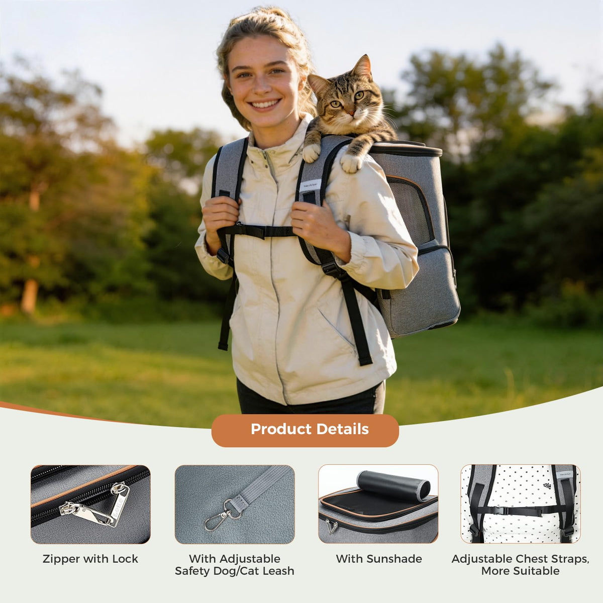 Expandable Foldable Pet Carrier Backpack with Inner Safety Leash, Grey K936