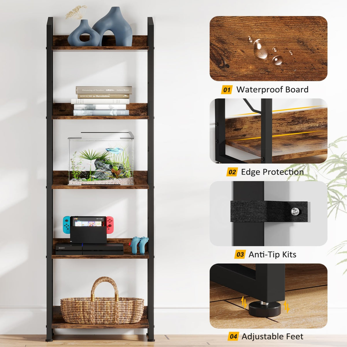 5 Tier Industrial Wood Bookshelf D84986