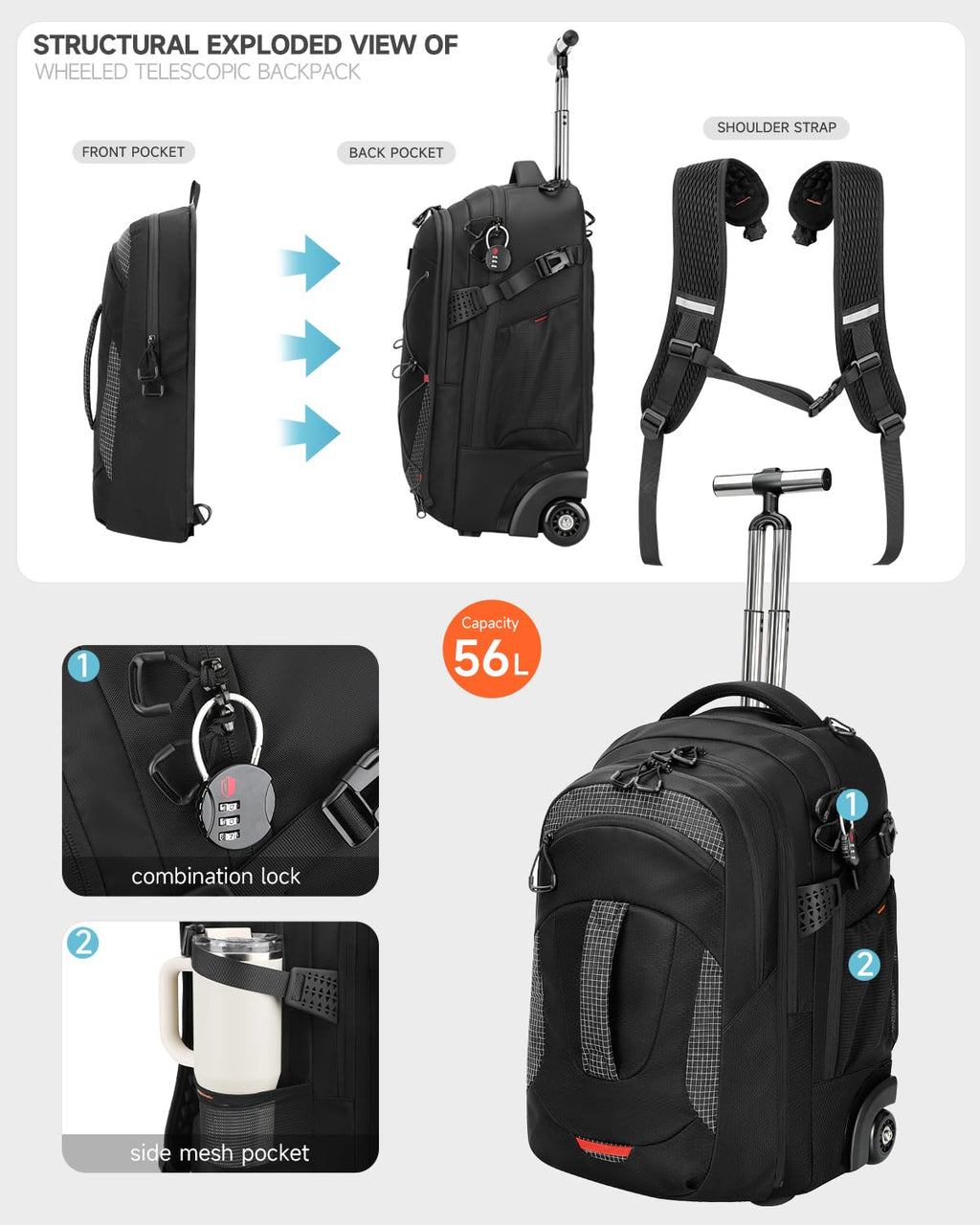2-in-1 Detachable Backpack with Wheels D105