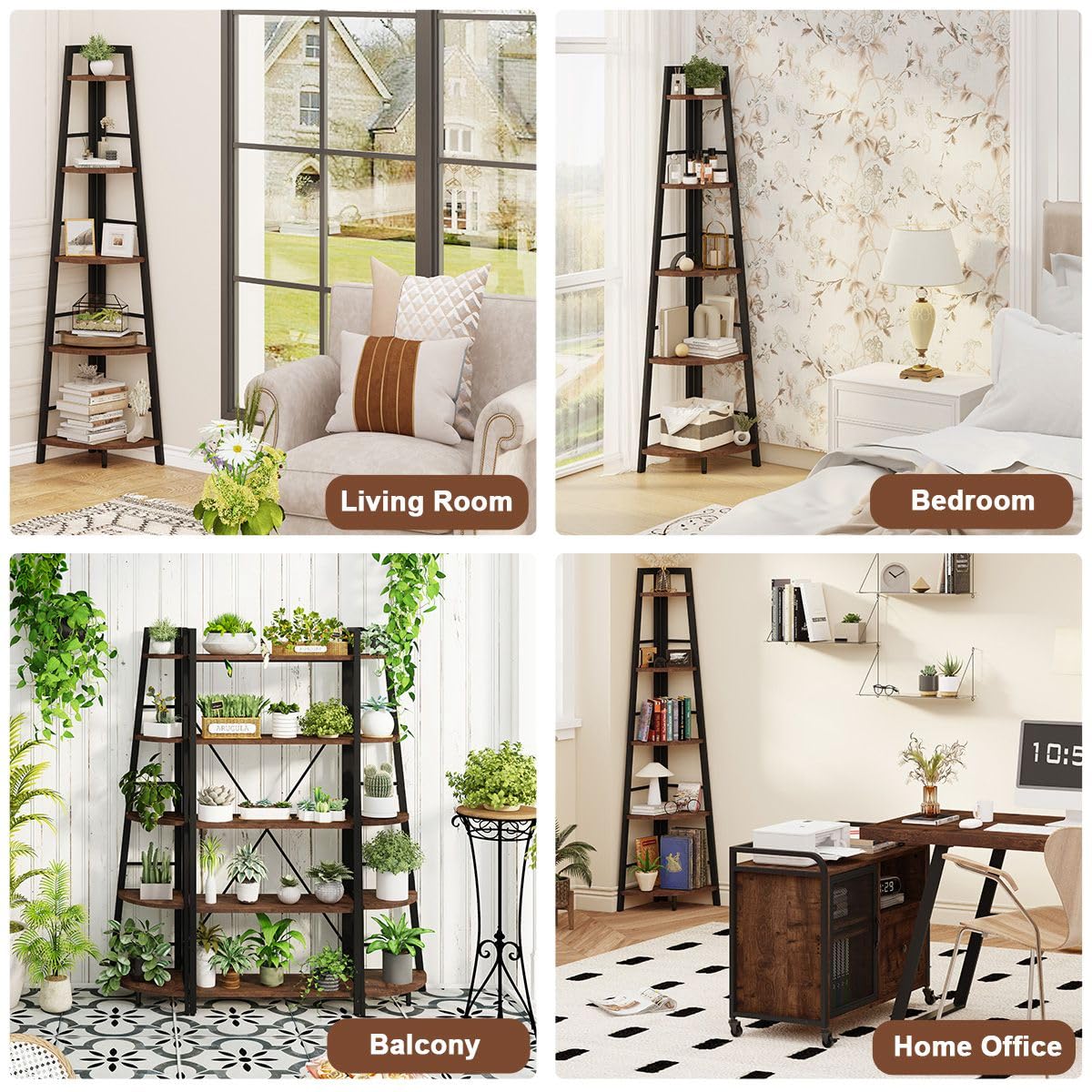 5-Tier Black Metal Wood Corner Bookshelf M839