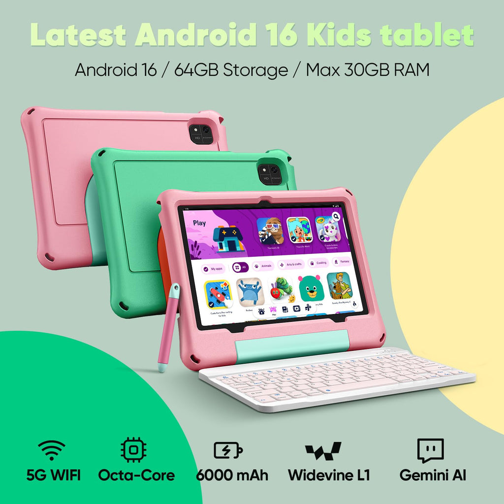 Kids Tablet 10 inch Octa-Core 30GB RAM 64GB ROM with Case Keyboard Mouse Stylus Pink A395621
