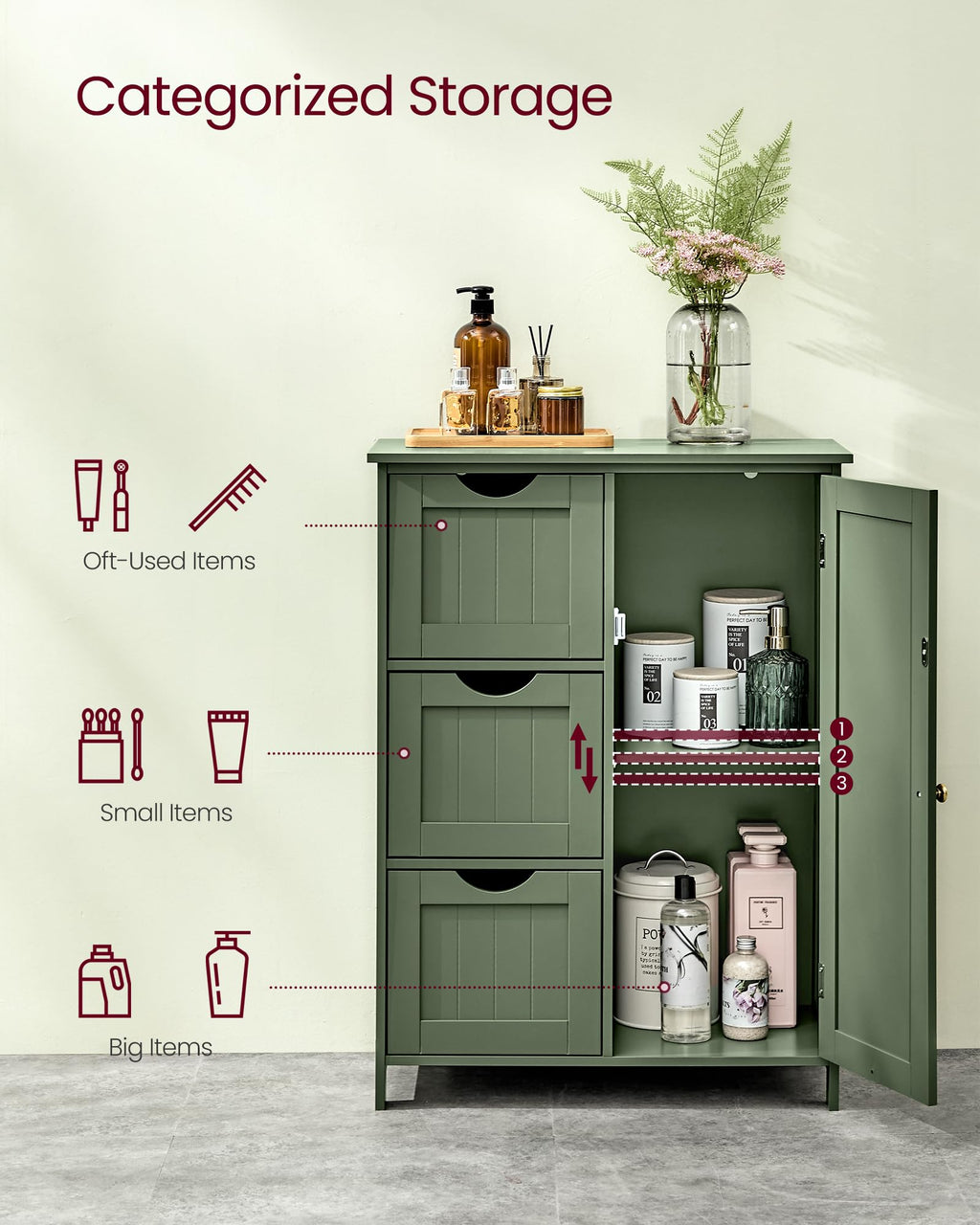 Forest Green 3 Drawer Bathroom Floor Storage Cabinet R38752