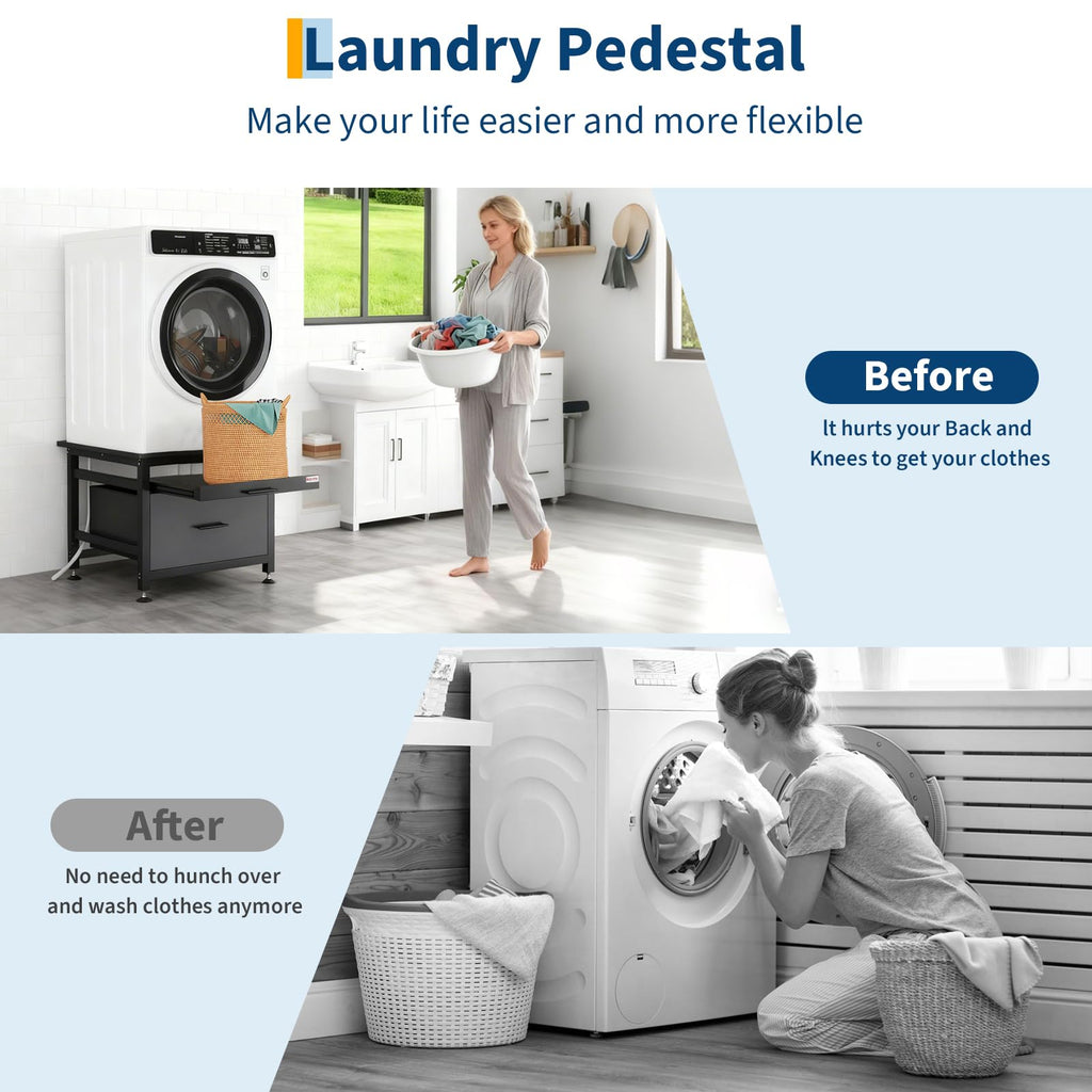 29" Black Metal Washer and Dryer Pedestal with Drawer O604