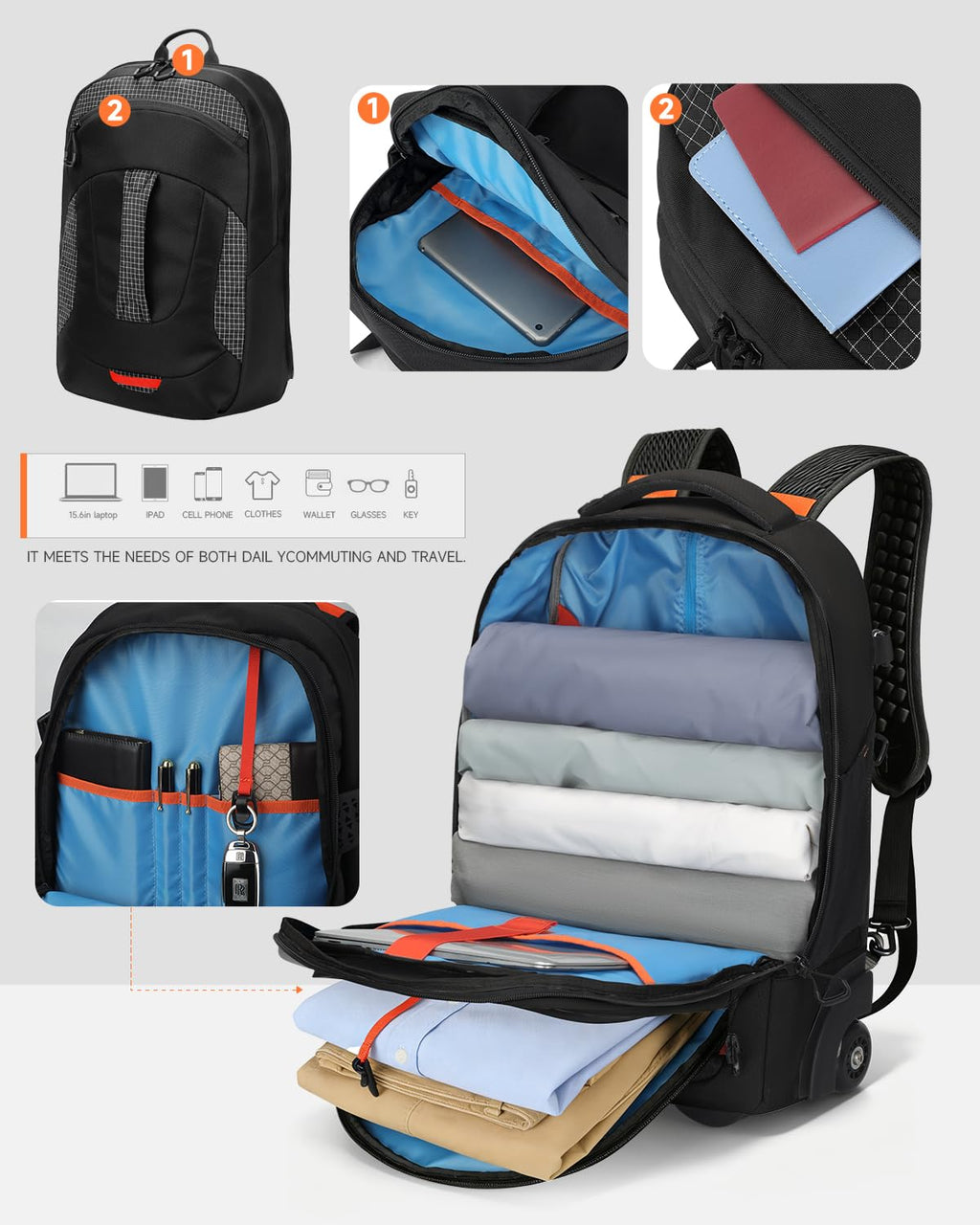 2-in-1 Detachable Backpack with Wheels D105