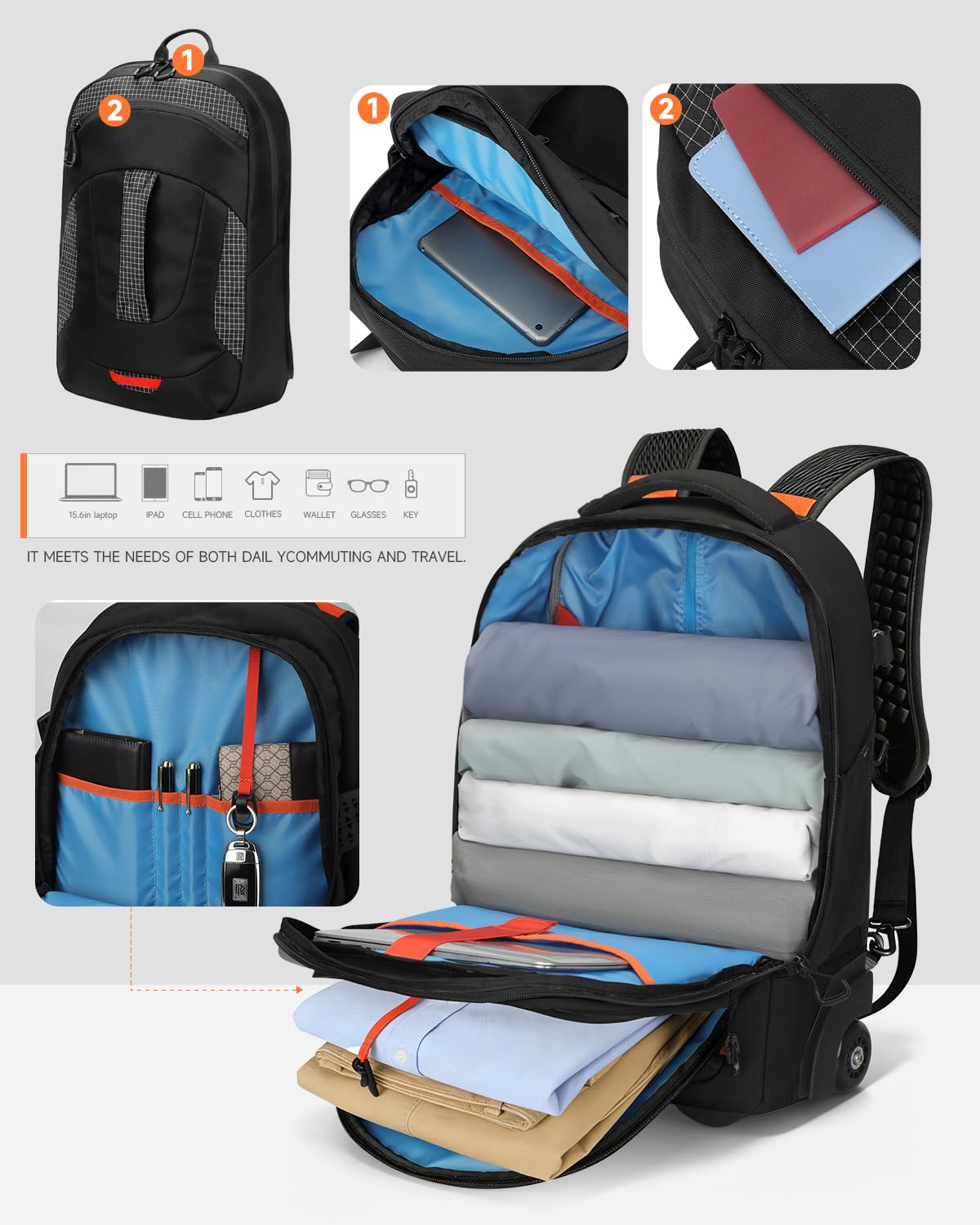 2-in-1 Detachable Backpack with Wheels D105