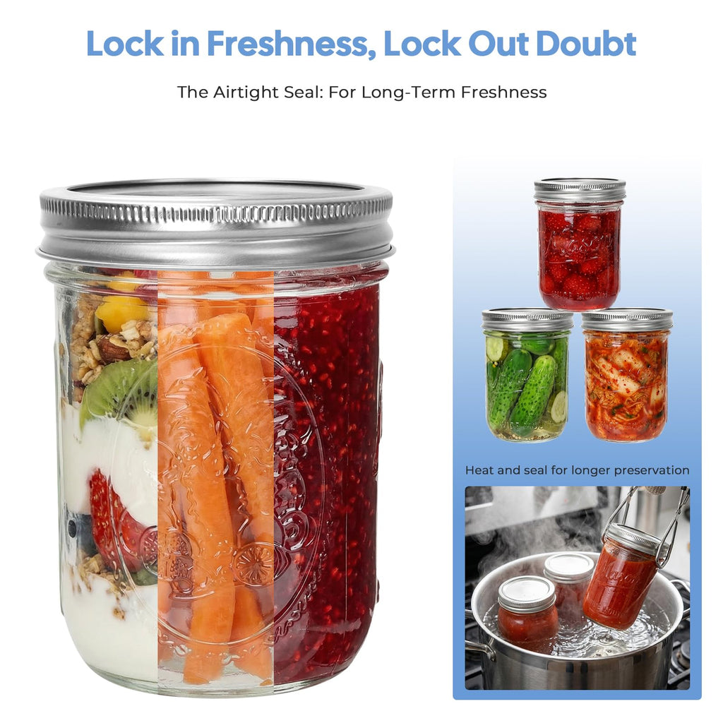 16oz 6-Pack Wide Mouth Glass Mason Jars with Airtight Lids V6914