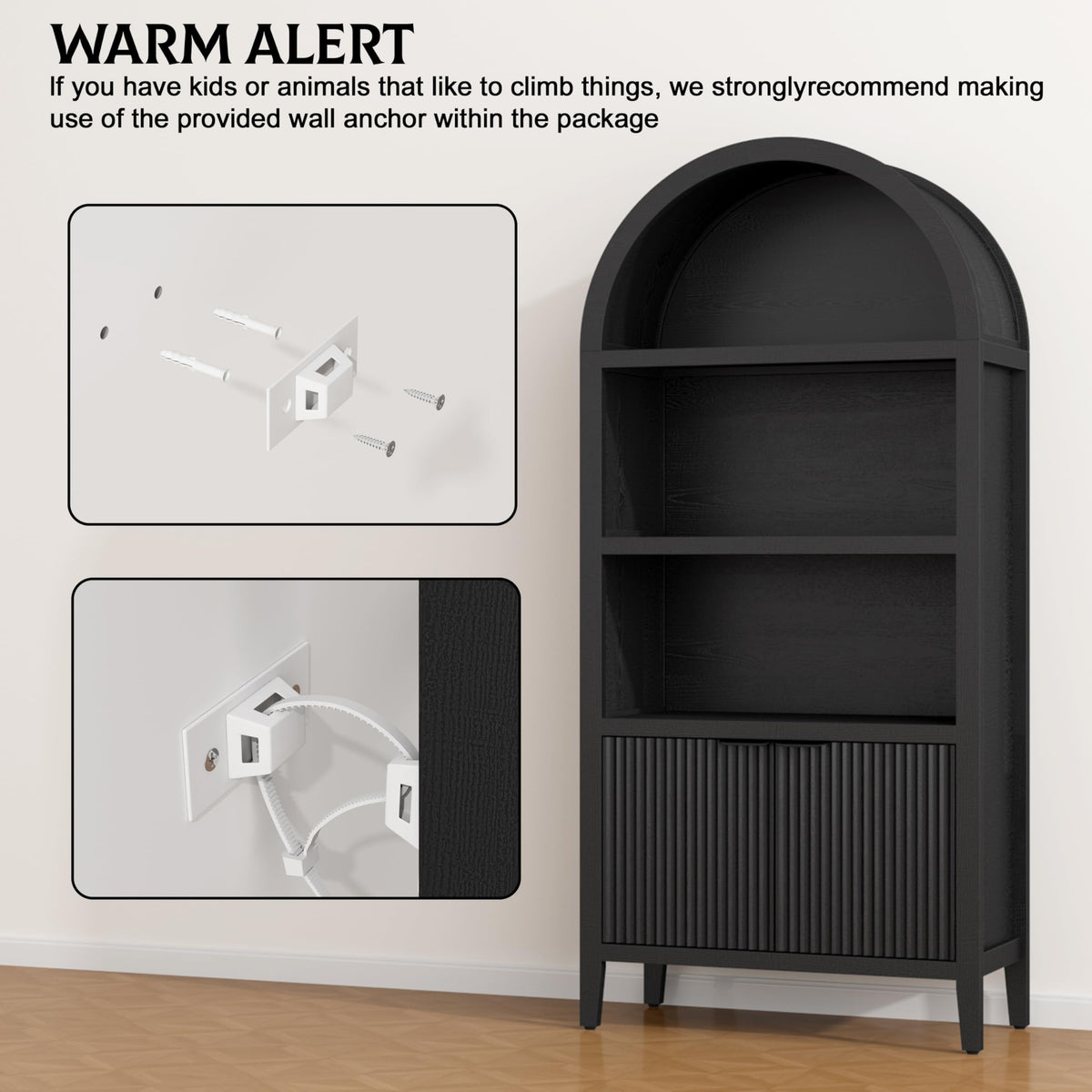 Black 5-Tier Arched Bookshelf with Fluted Doors Y73002