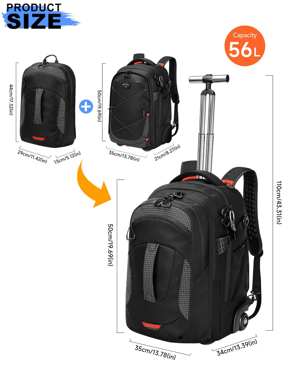 2-in-1 Detachable Backpack with Wheels D105