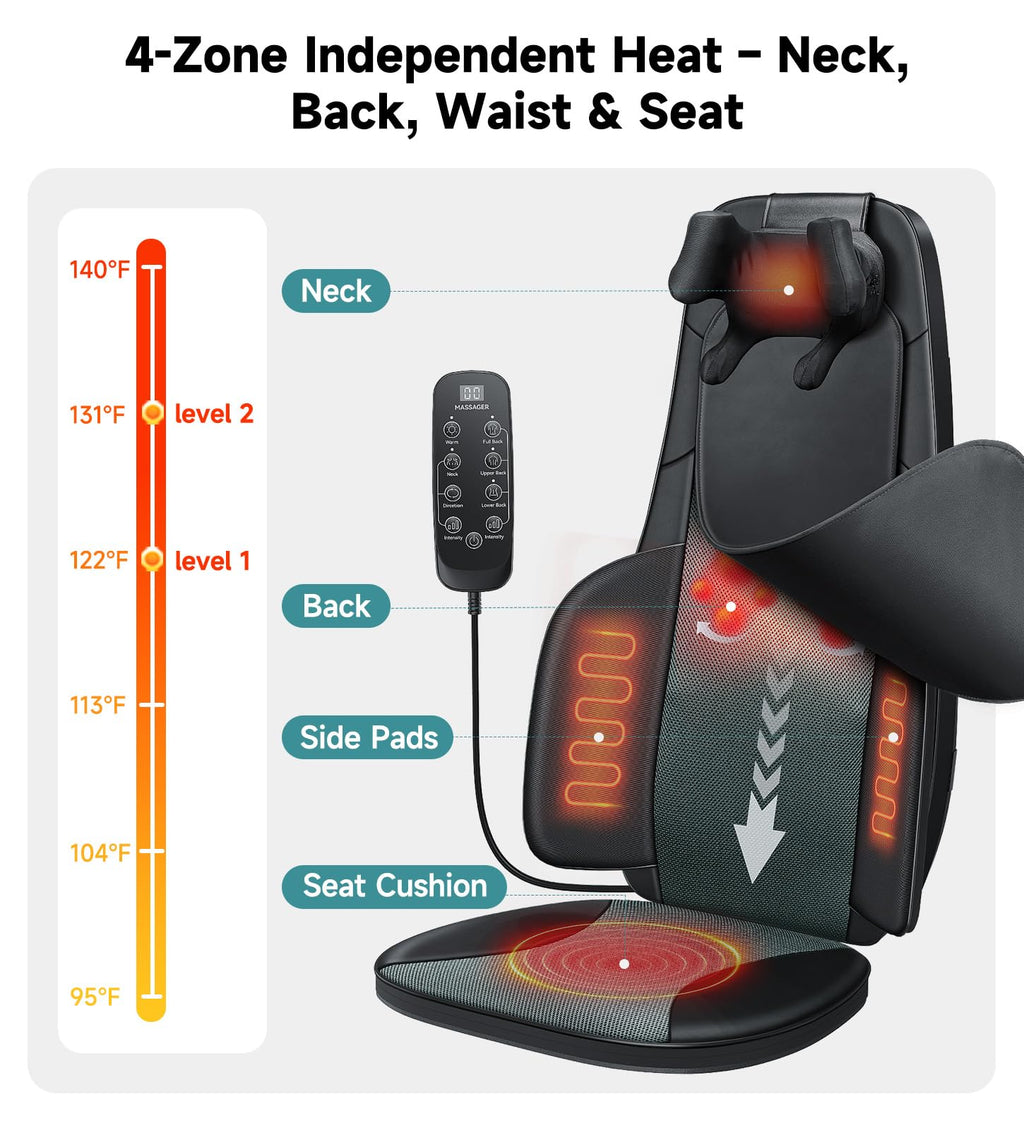 Black Shiatsu Back Massager Chair Pad with 4-Zone Heat K275380