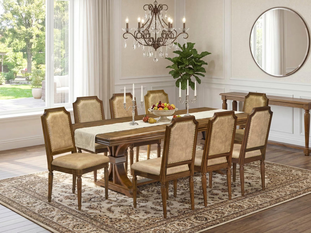 9 Piece Kitchen Table Set with 8 Beige Polyester Fabric Chairs W73400