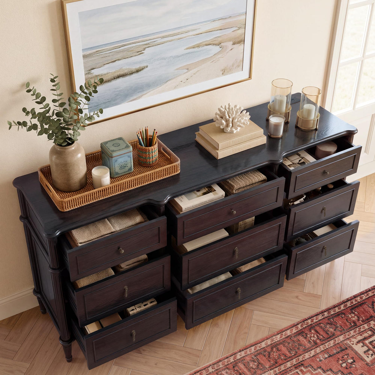63" 9-Drawer Wood Dresser with Power Outlet, Black I359584