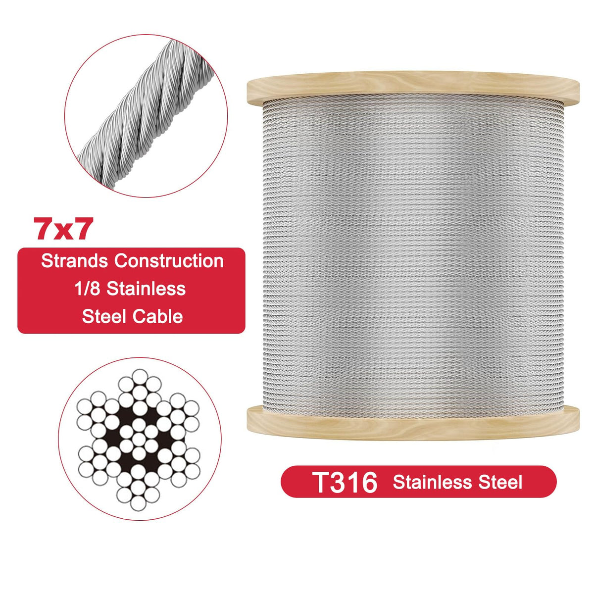 1/8 T316 Stainless Steel Cable 7x7 Strands E900