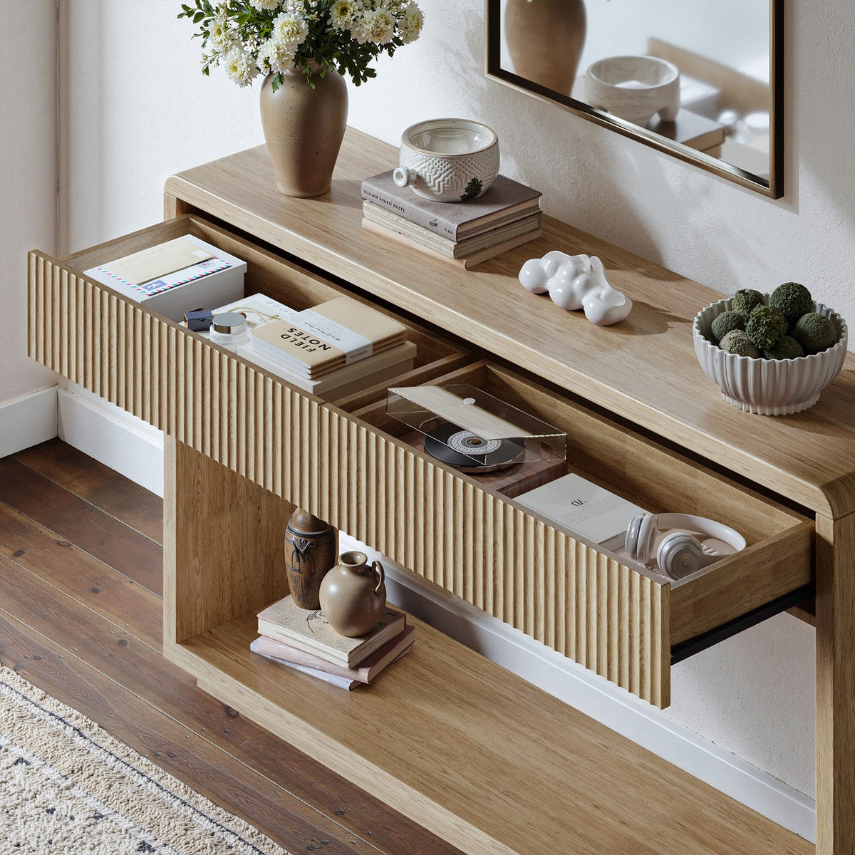 59'' Oak Console Table with Drawers E931