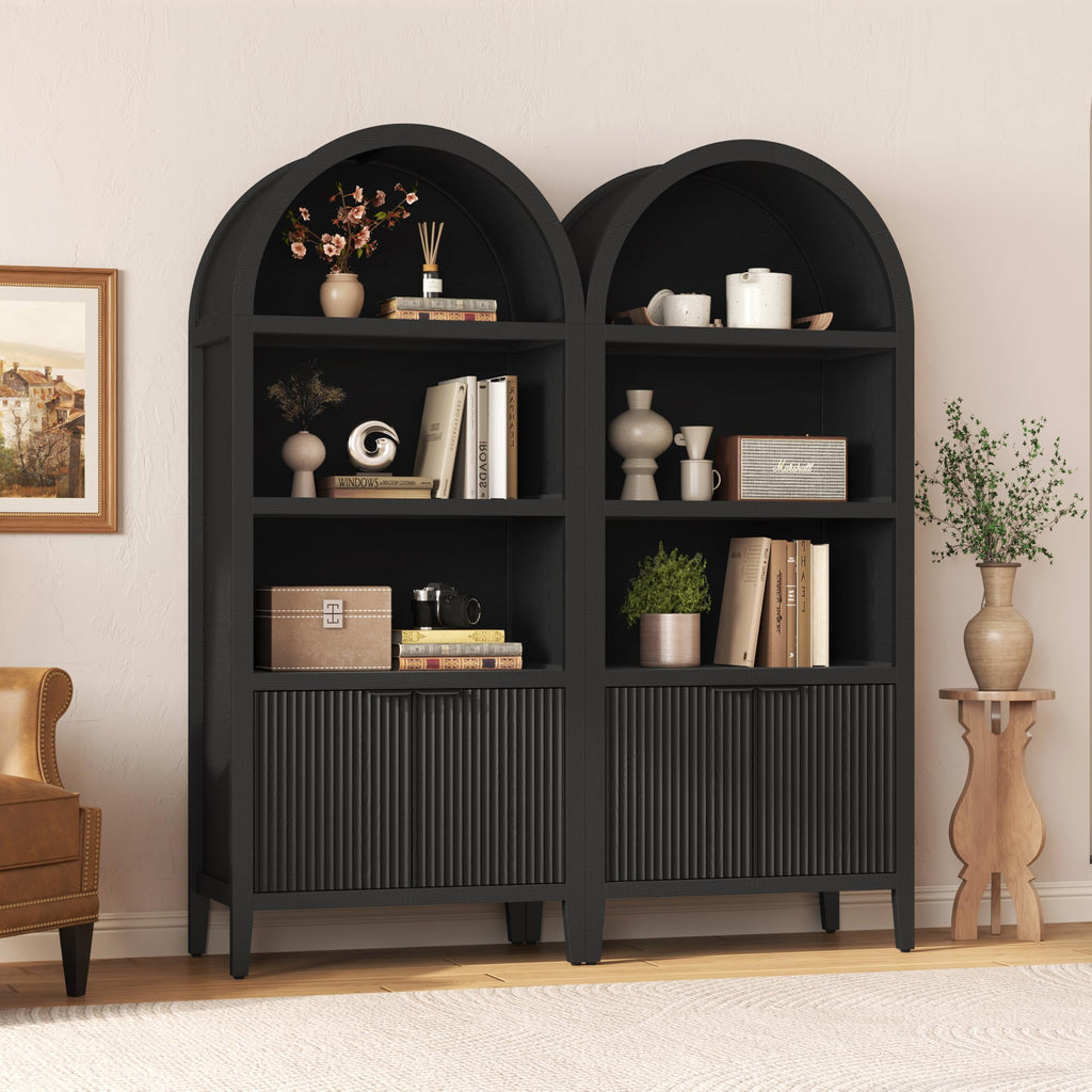 Black 5-Tier Arched Bookshelf with Fluted Doors Y73002