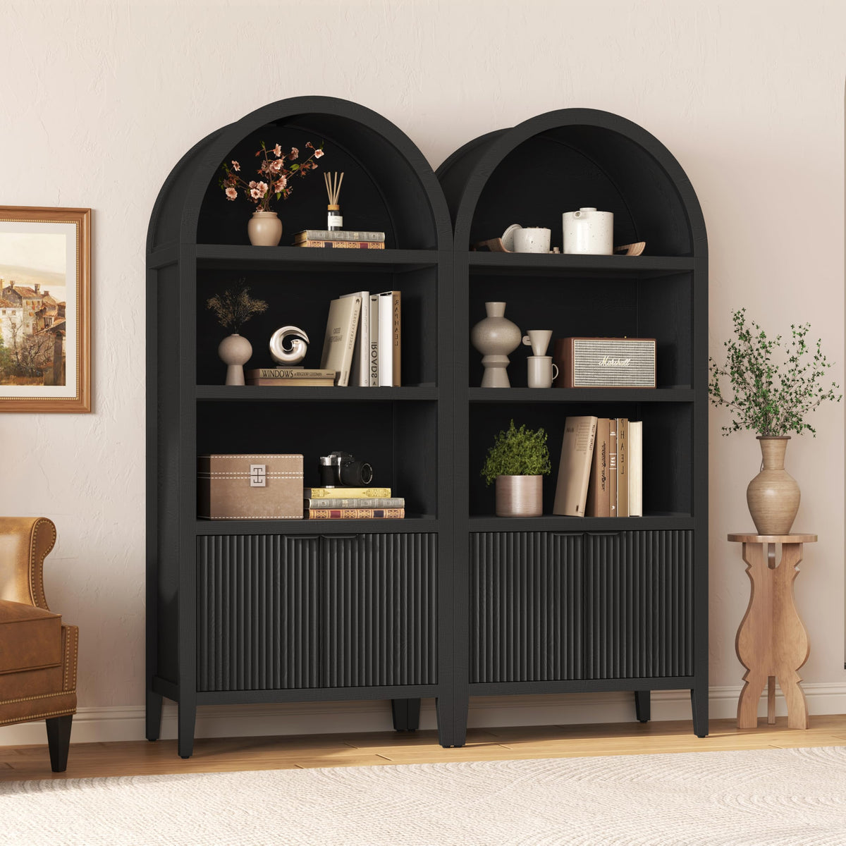 Black 5-Tier Arched Bookshelf with Fluted Doors Y73002